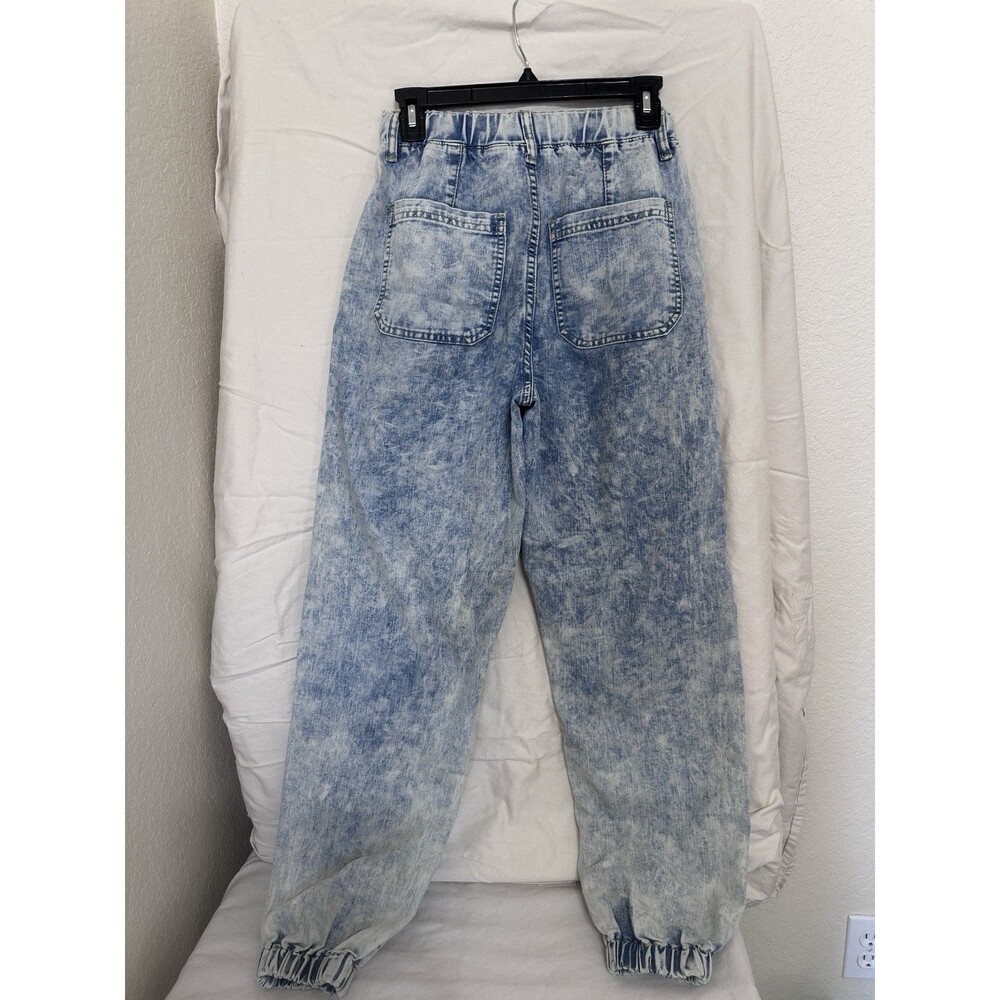 S.O.N.G. Acid Wash grunge Drawstring Women's Denim Jeans Light Blue Elastic Wst - Picture 6 of 8